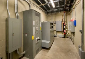 an electrical room with multiple panels
